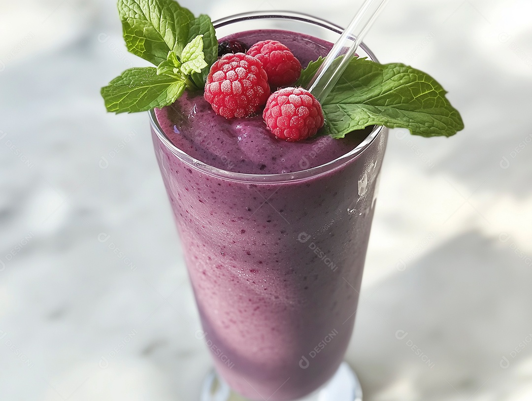 Delíciosa vitamina de mirtilo com cobretura de franboesa em copo de vidro sobre fundo isolado