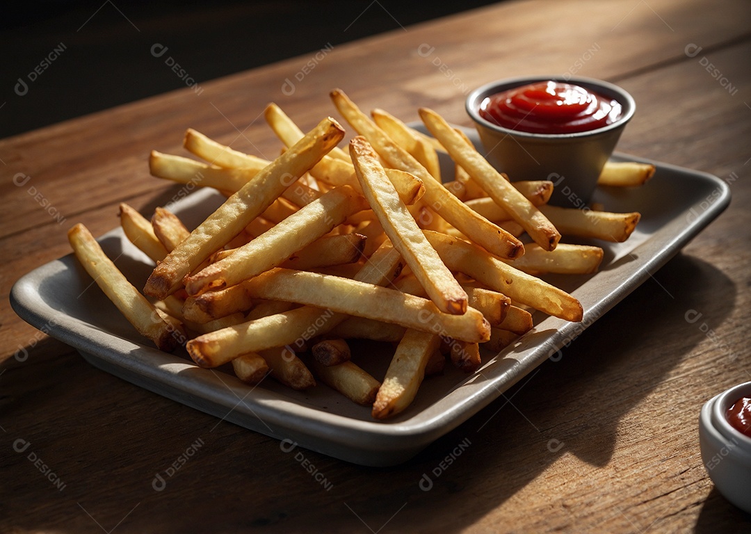 Linda batata frita com ketchup em bandeija sobre mesa de madeira