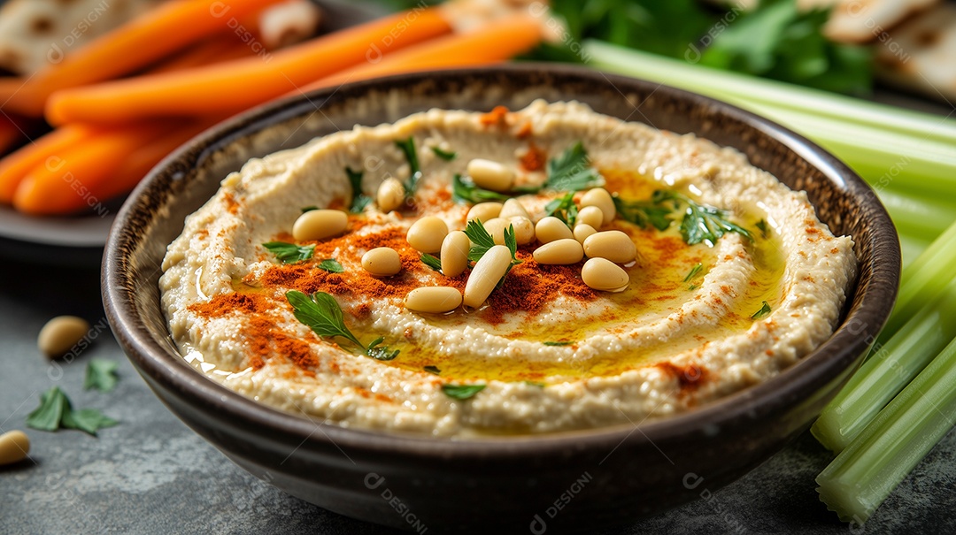 Hummus vegetariano em tijela sobre mesa de madeira