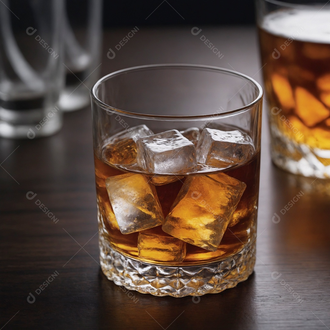 Belo wisky gelado em copo de vidro sobre mesa de madeira