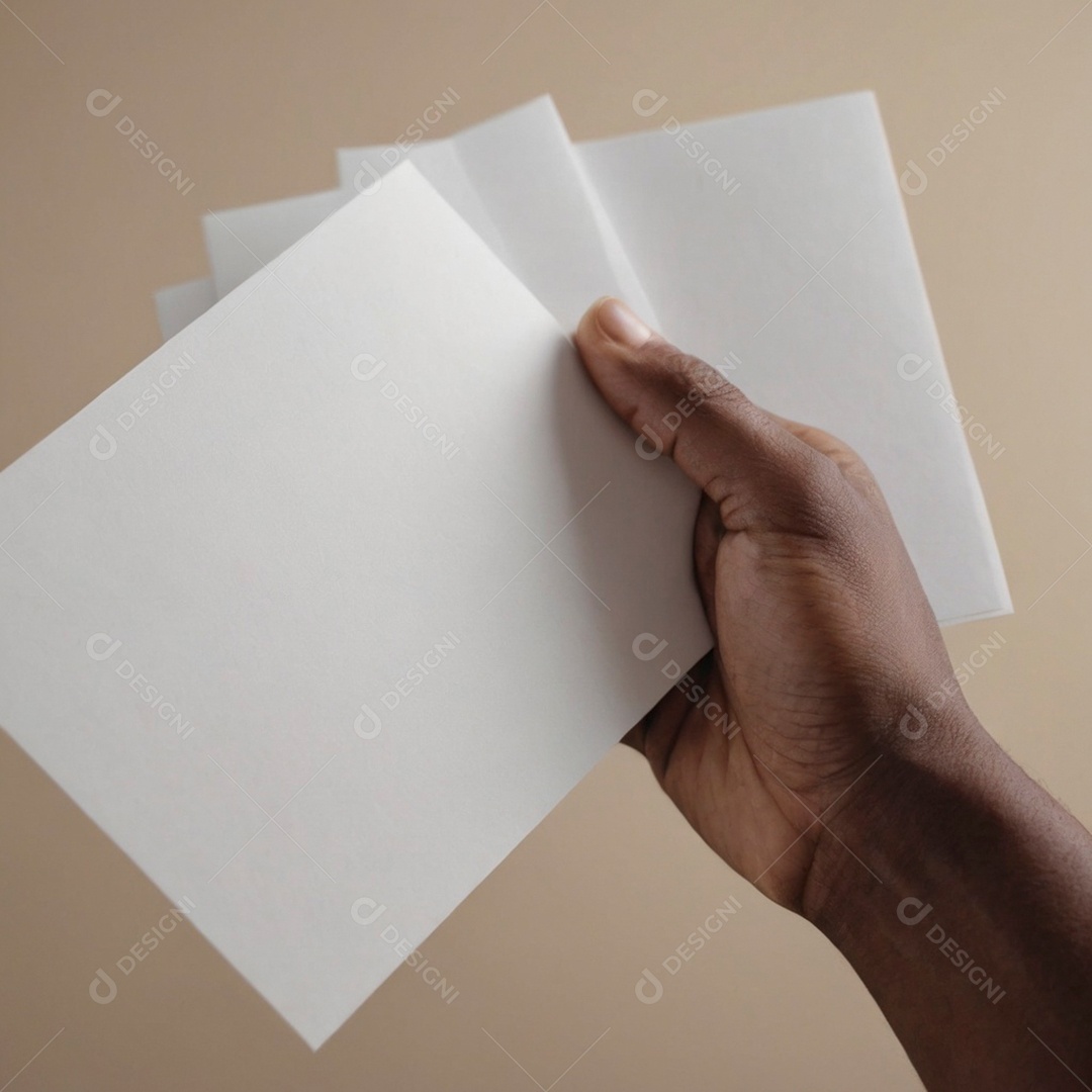 Mão de pessoa negra segurando cartões em branco sobre fundo branco isolado