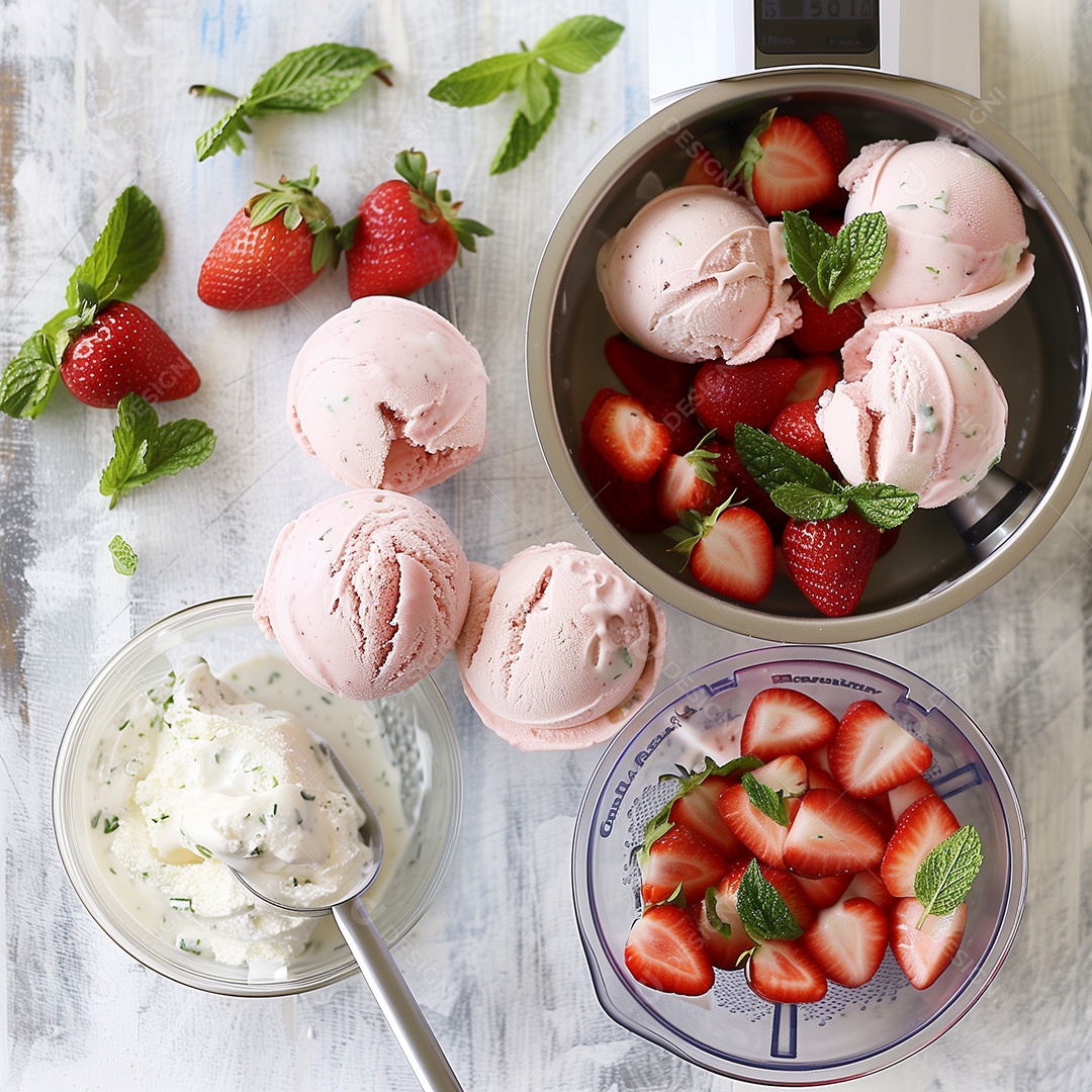 Belo sorvete de creme de morango e morango picado em tijela sobre mesa de madeira