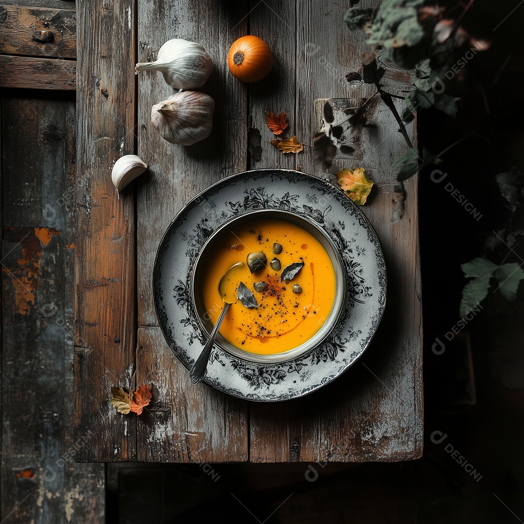 Bela sopa de abóbora com alho e grãos em prato sobre mesa de madeira