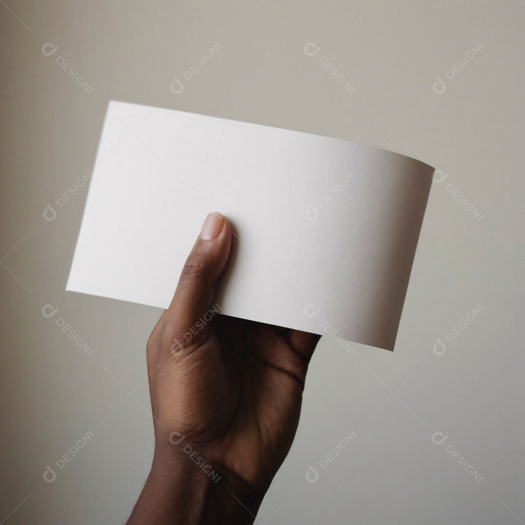 Mão de pessoa negra segurando cartão em branco sobre fundo branco isolado