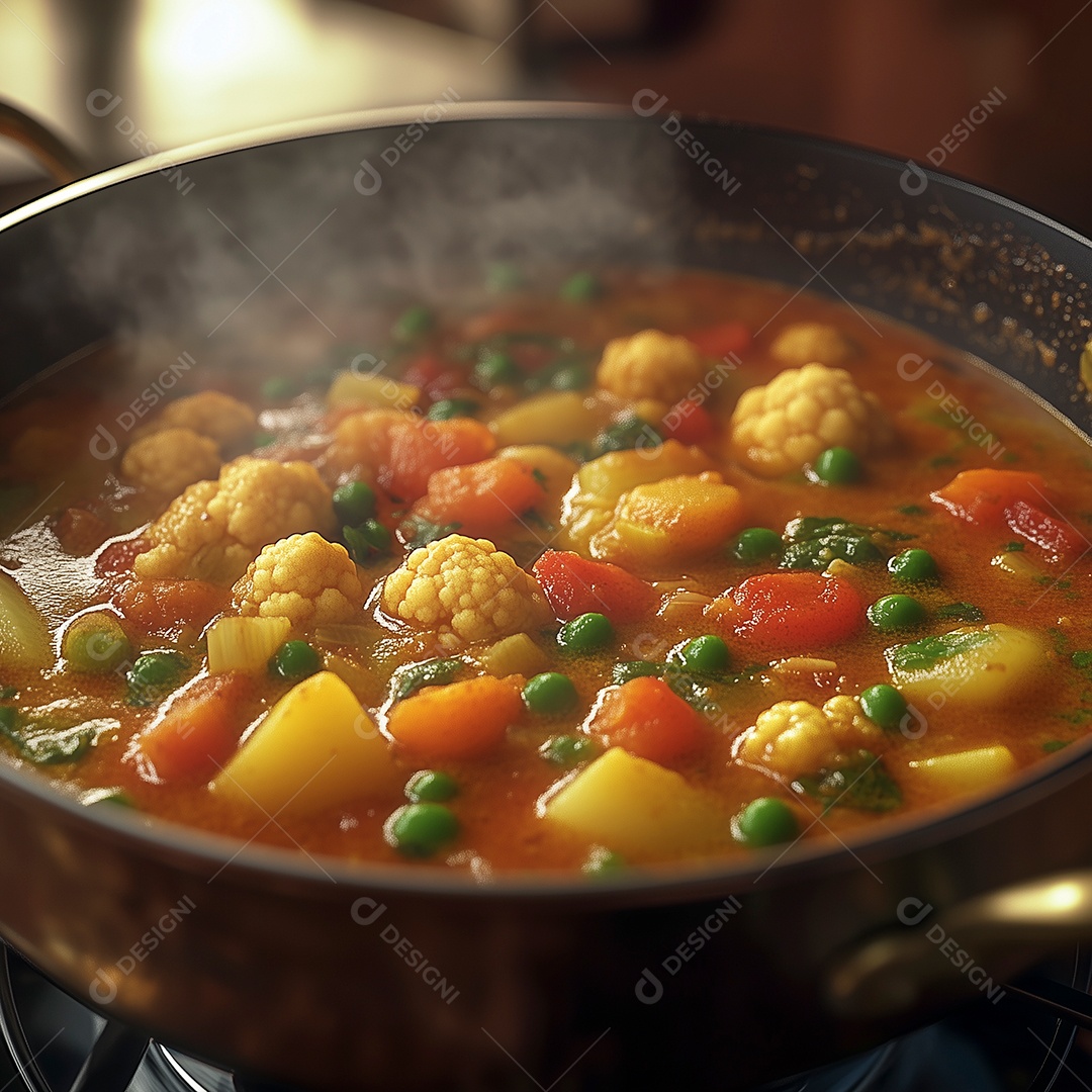 Bela sopa de legumes em panela sobre fundo desfocado