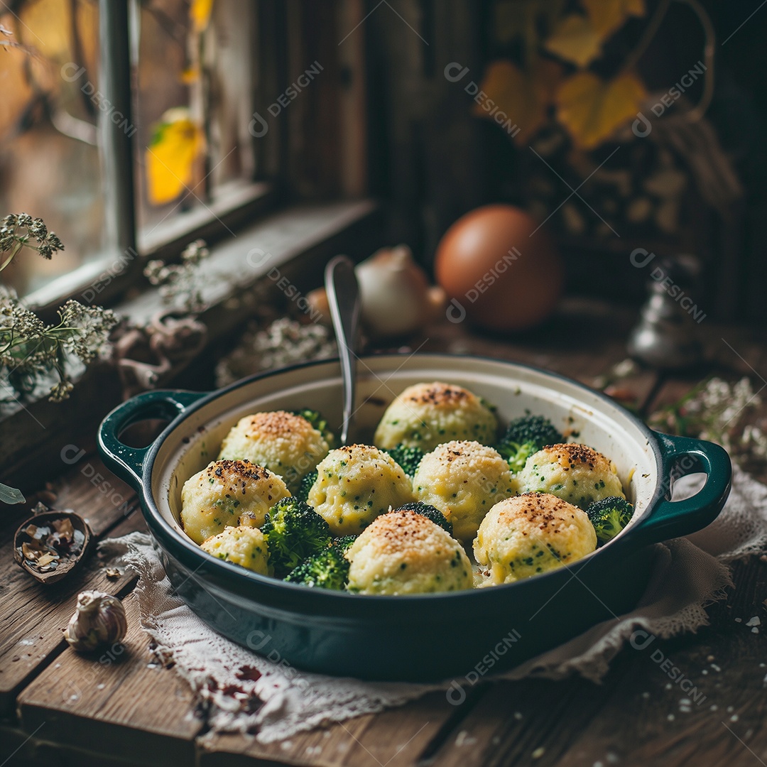 Delícioso omelete com brócolis em panela sobre mesa de madeira