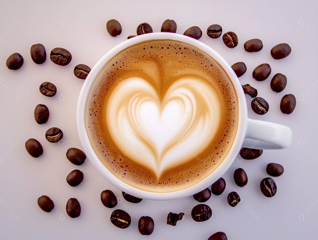 Lindo cappuccino ao redor de grãos de café sobre fundo branco isolado
