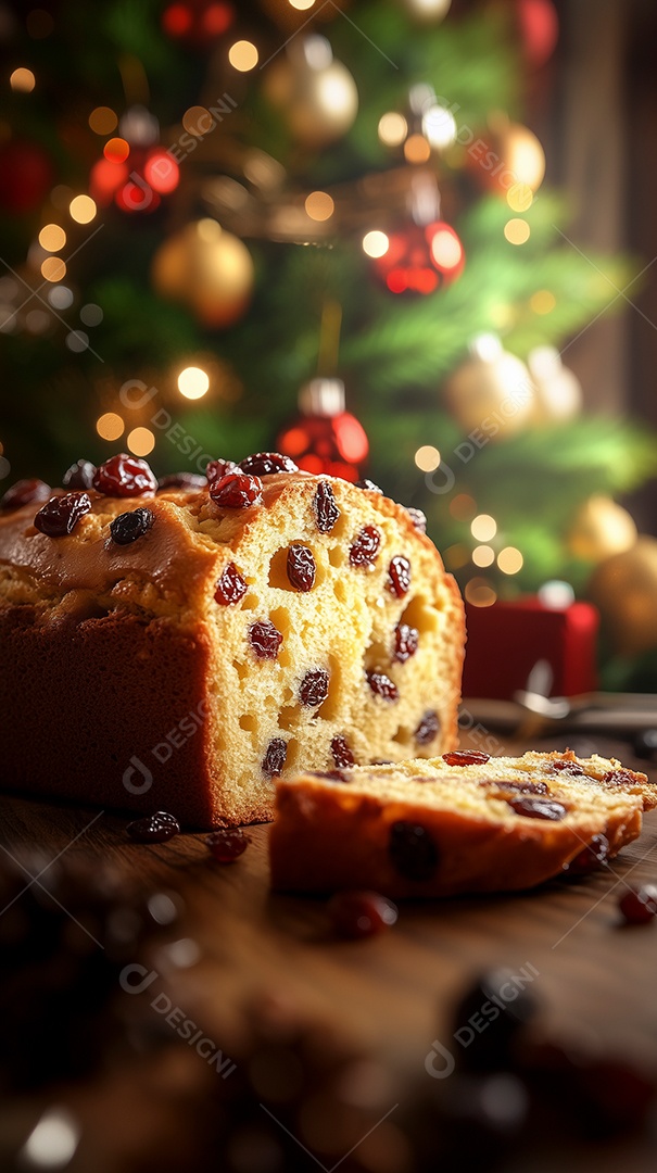 Belo panetone em cénario de natal sobre mesa de madeira