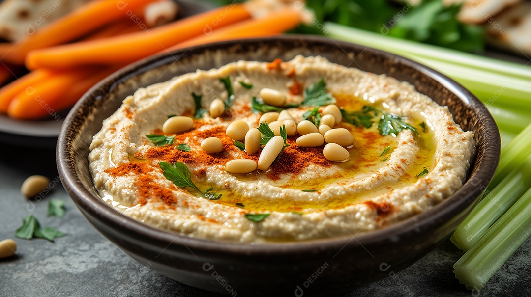 Hummus vegetariano emtijela sobre mesa de madeira