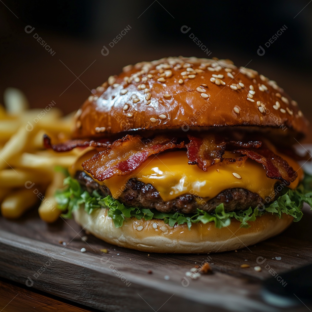 Delícioso hamburguer com batata frita de acompanhamento sobre tábua de madeira
