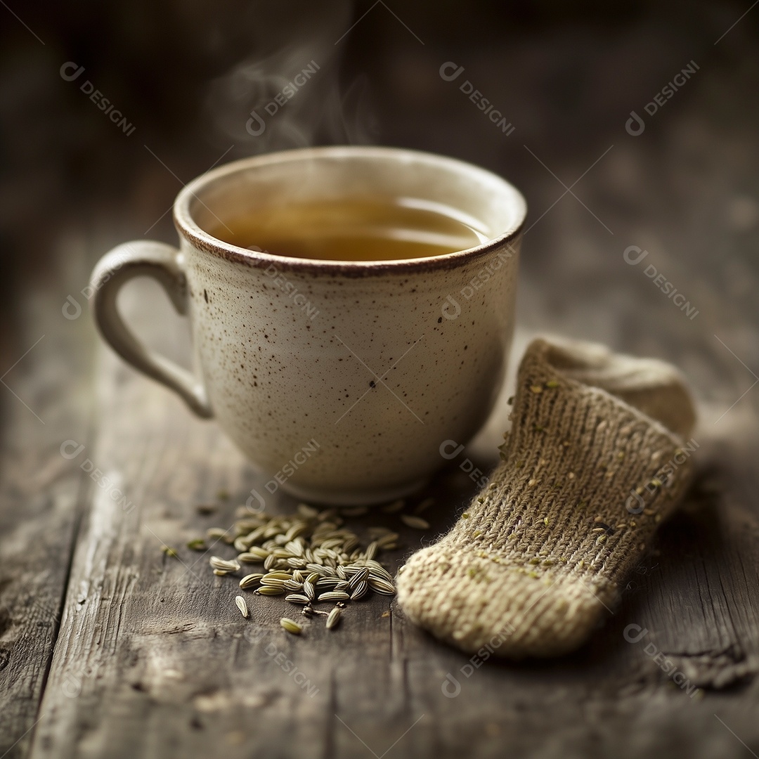 Saboroso chá de ervas em xícara sobre mesa de madeira