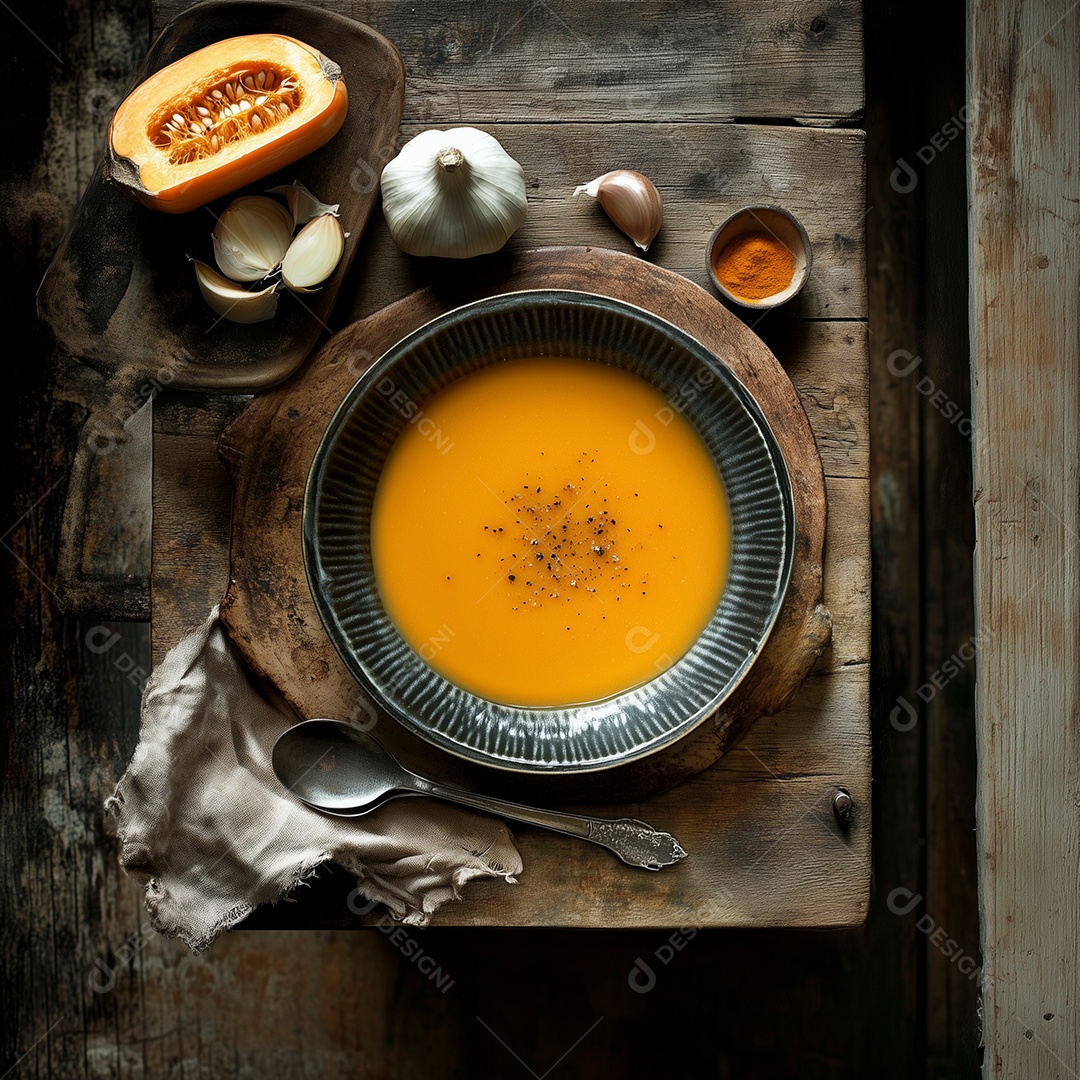 Delíciosa sopa de abóbora com alho e canela em prato sobre mesa de madeira
