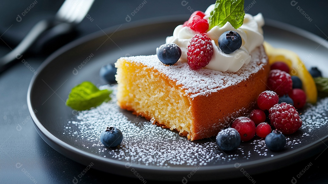 Lindo bolo de balnilha com frutas vermelhas  em prato sobre mesa de marmore