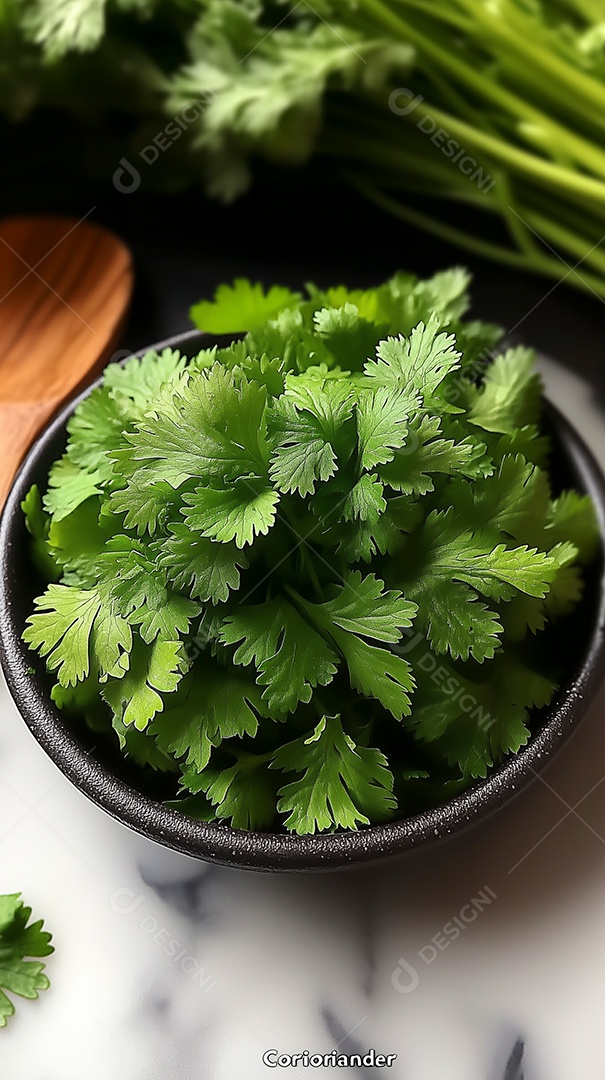 Bela salsinha em tijela sobre mesa de madeira