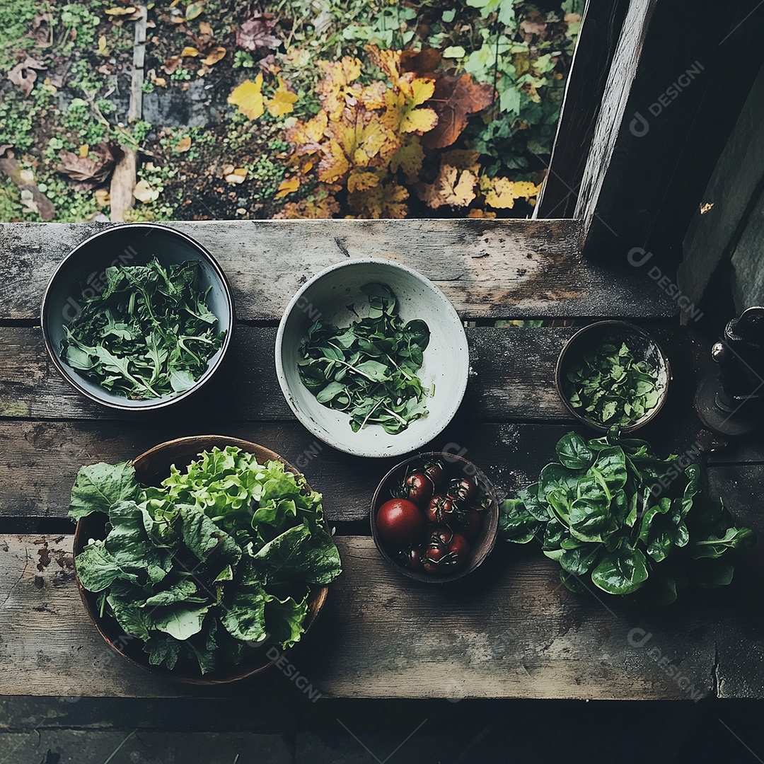 Lindas tijelas com legumes fruto e ervas sobre mesa de maadeira