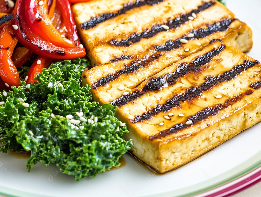 Belo filé de salmão com caranguejo alface e gergelim em prato sobre fundo isolado