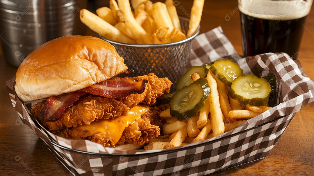 Delícioso hamburguer com batata frita de acompanhamento sobre mesa de madeira