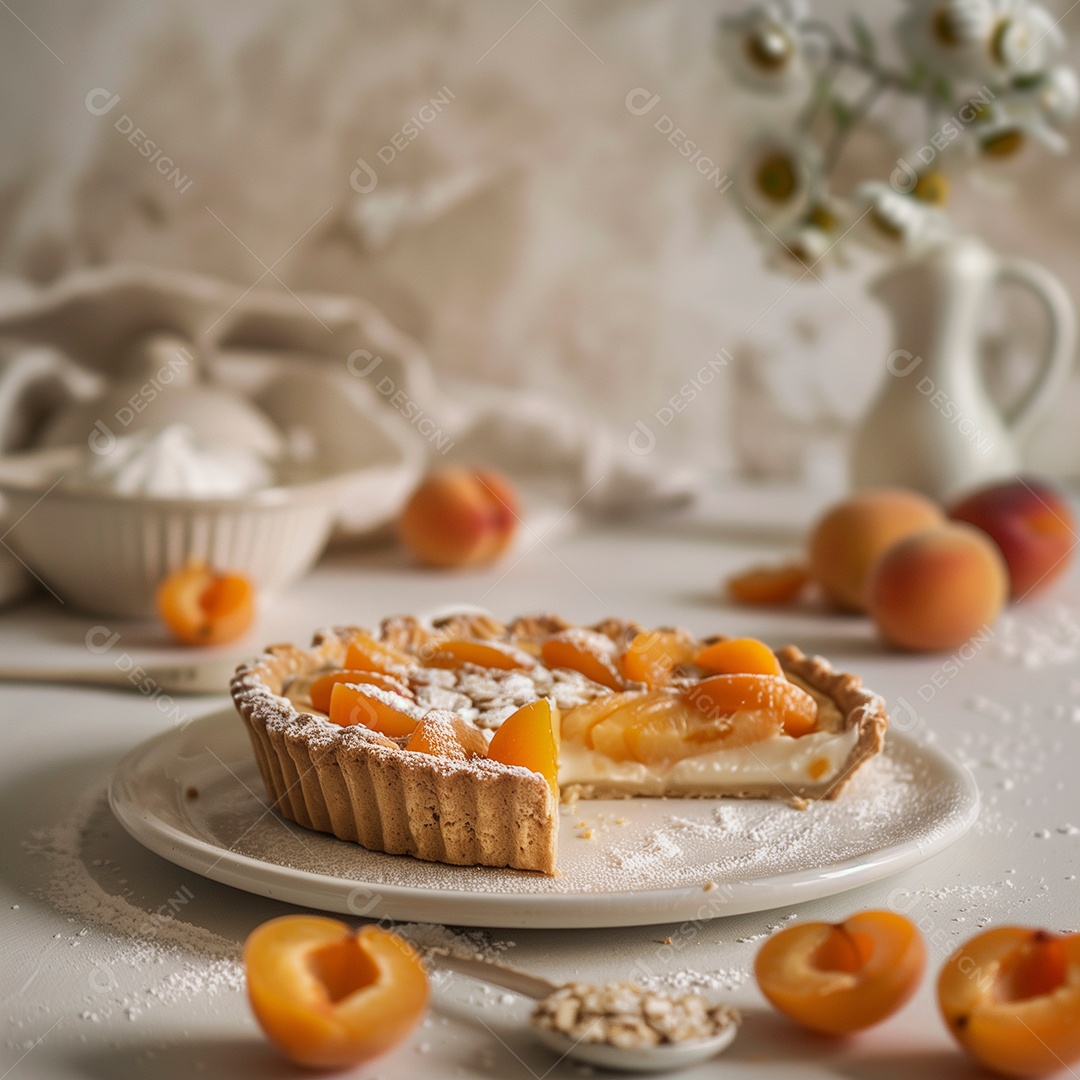 Bela torta de pêssego em prato sobre mesa de madeira