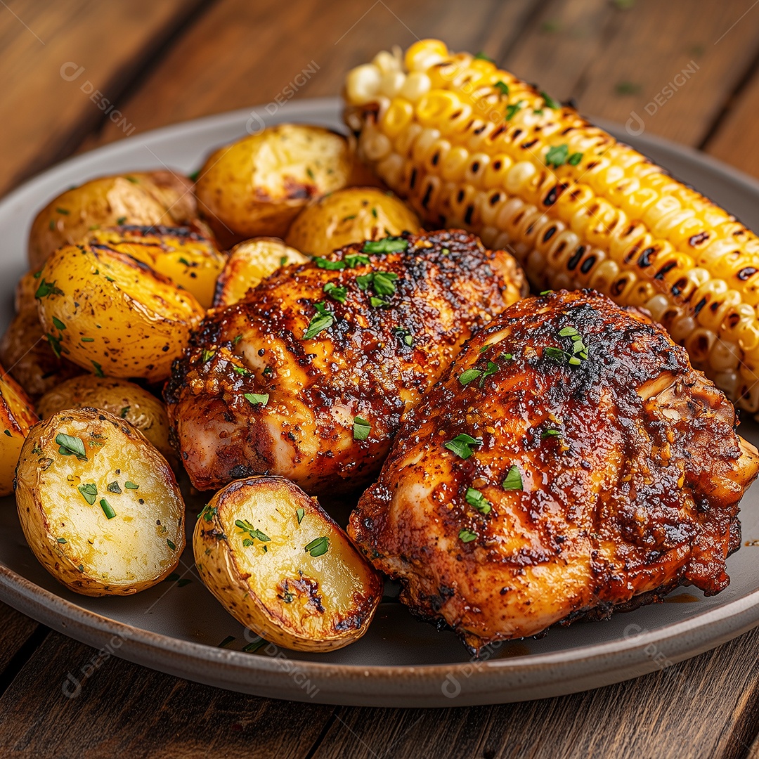 Belo frango assado com batata e milho grelhado em prato sobre mesa de madeira