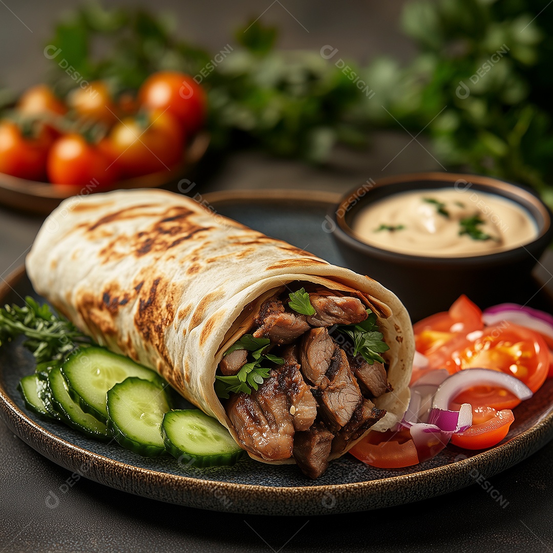 Lindo burrito com pepino salsa e vinagrete em prato sobre mesa de madeira