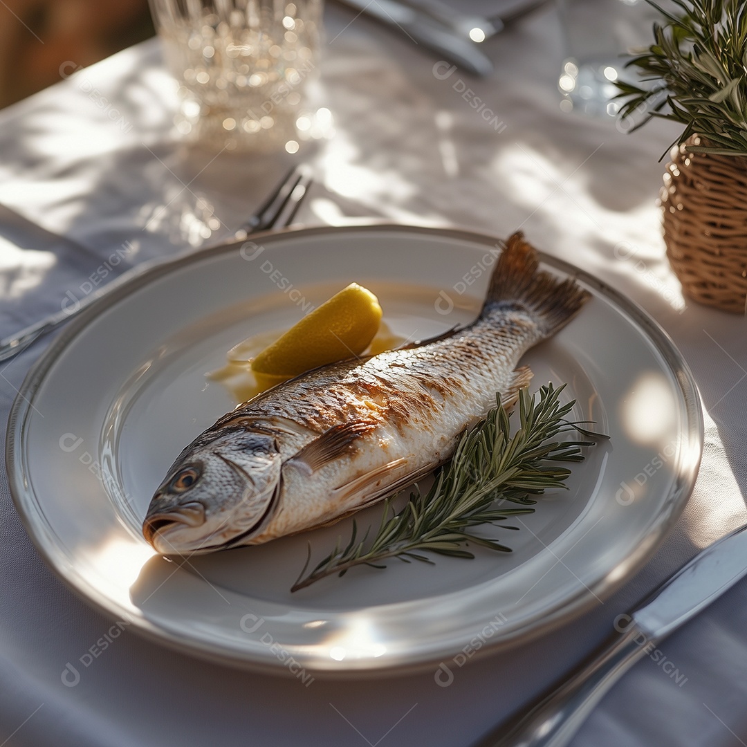 Belo peixe grelhado com limão e alecrim em prato sobre mesa de madeira