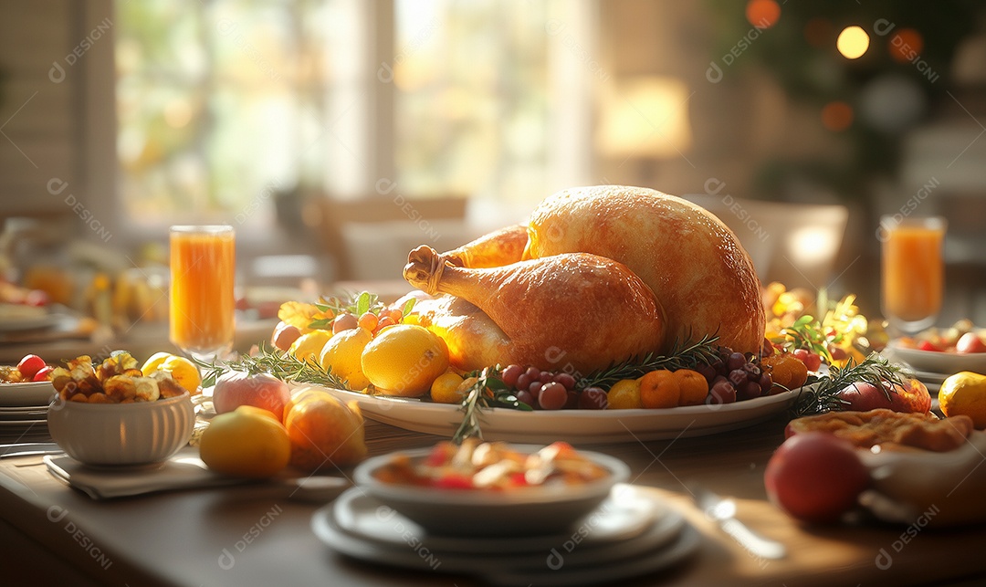 Lindo peru assado em bandeija ao redor de banquete sobre mesa de madeira