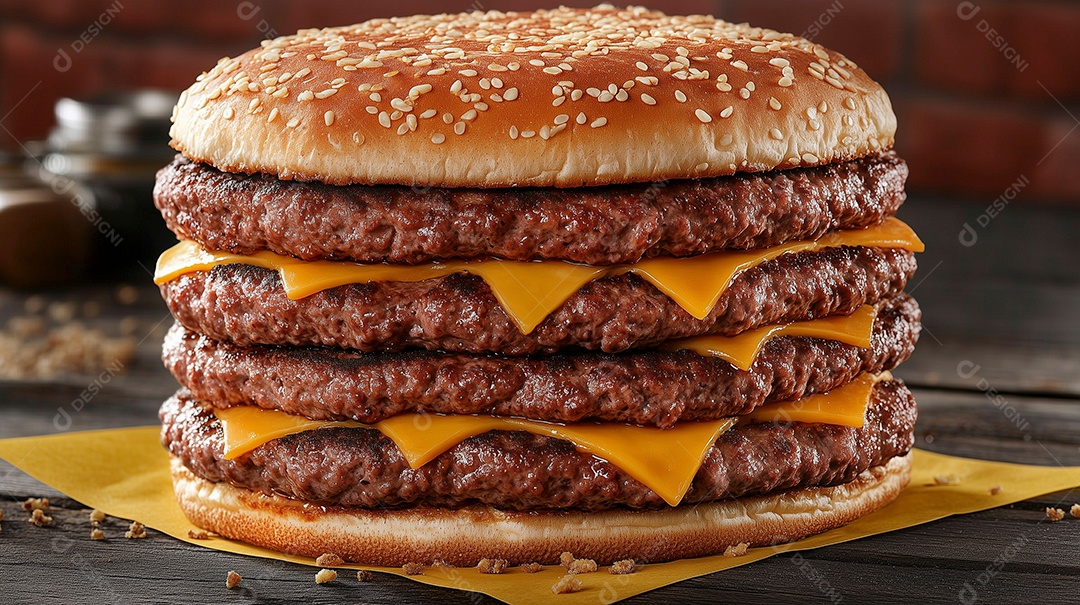 Belo hamburguer sobre fundo desfocado