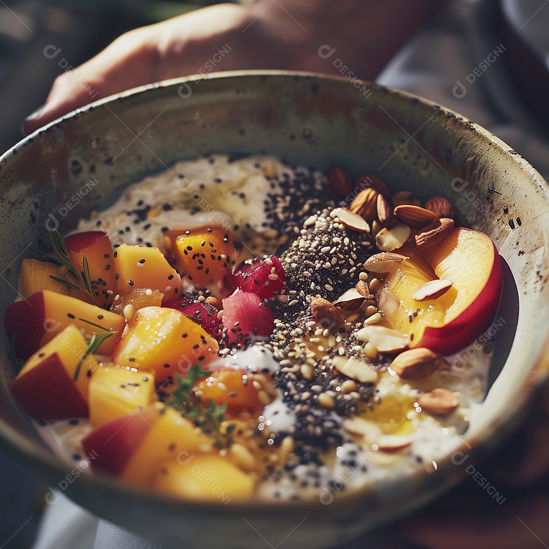 Belo café da manhã saudável em tijela sobre fundo desfocado