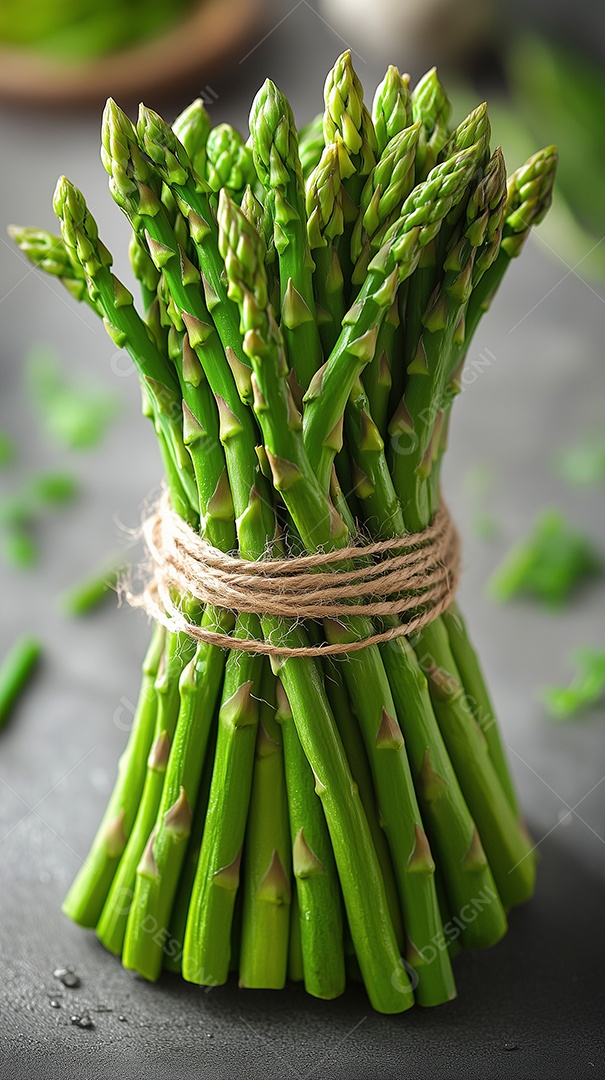 Lindos espargor amarrados em grupo sobre fundo desfocado