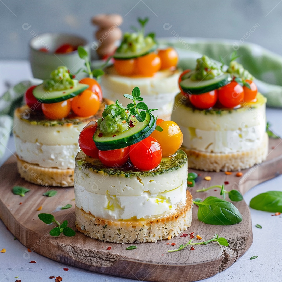 Delíciosa torrada com queijo coalho tomate pepino em tábua sobre mesa de marmore