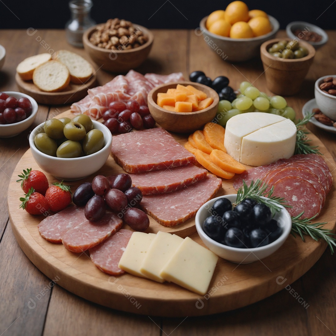 Linda tábua de frios com variedades de frutas e lacteos sobre mesa de madeira isolada