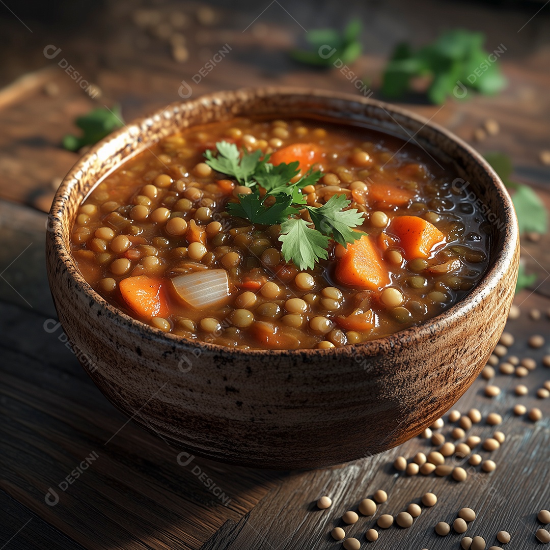 Delícioso feijão temperado com abóbora cebola e salsa em tijela sobre mesa de madeira