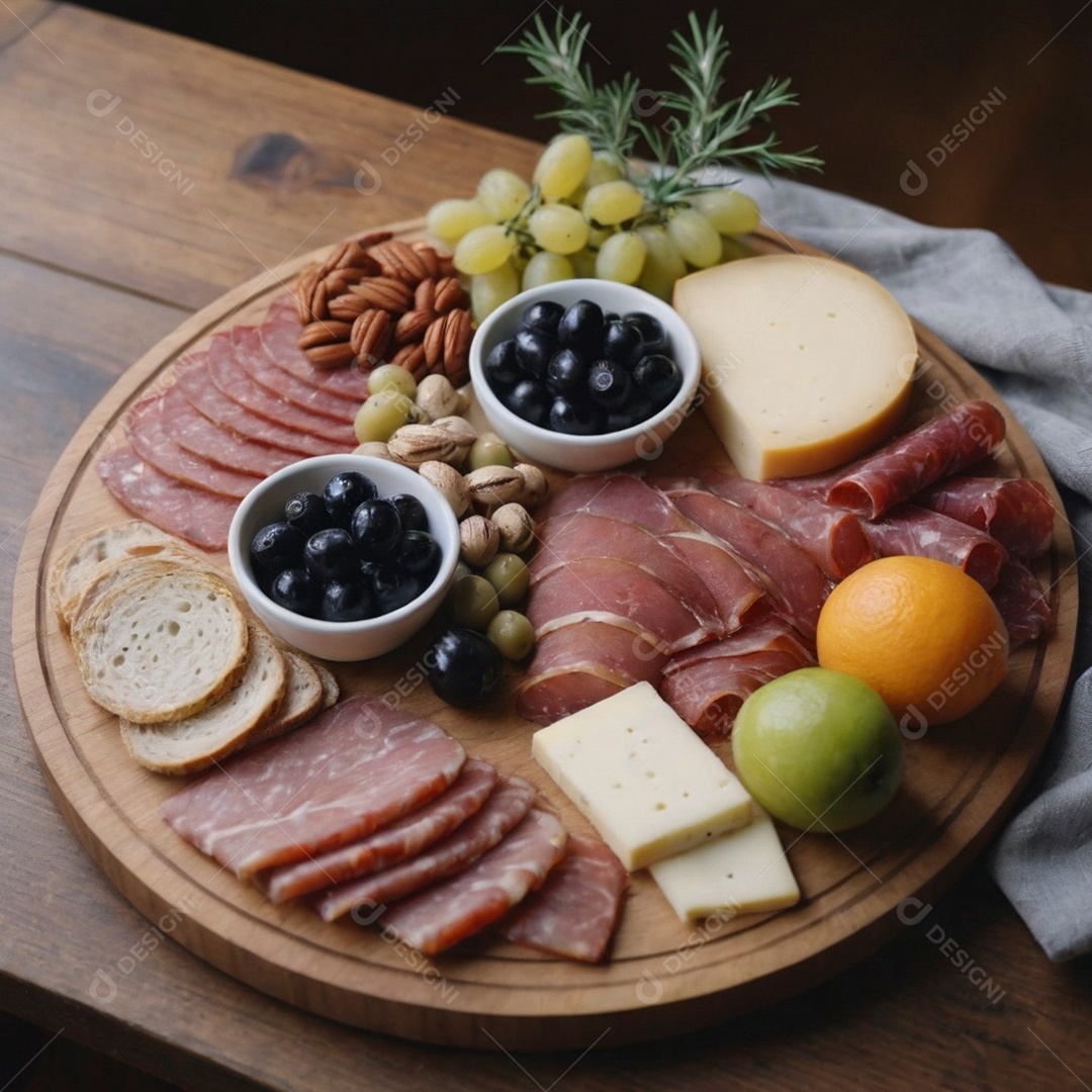 Linda tábua de frios com variedades de frutas e lacteos sobre mesa de madeira isolada