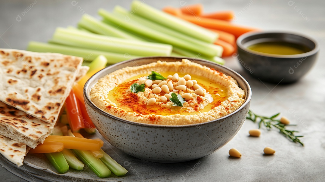 Patê de feijão verde em tijela com sobre mesa de marmore