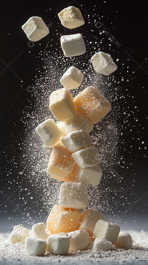 Linda pilha de marshmallows caindo sobre fundo isolado