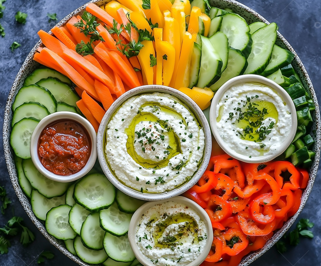 Bela bandeija com vegetais com acompanhamento de queijo coalho com salsa sobre mesa de marmore