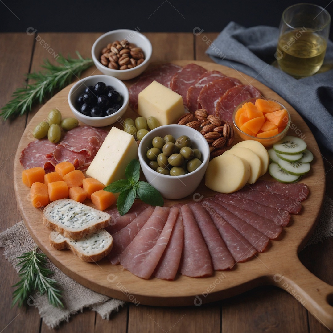 Linda tábua de frios com variedades de frutas e lacteos sobre mesa de madeira isolada
