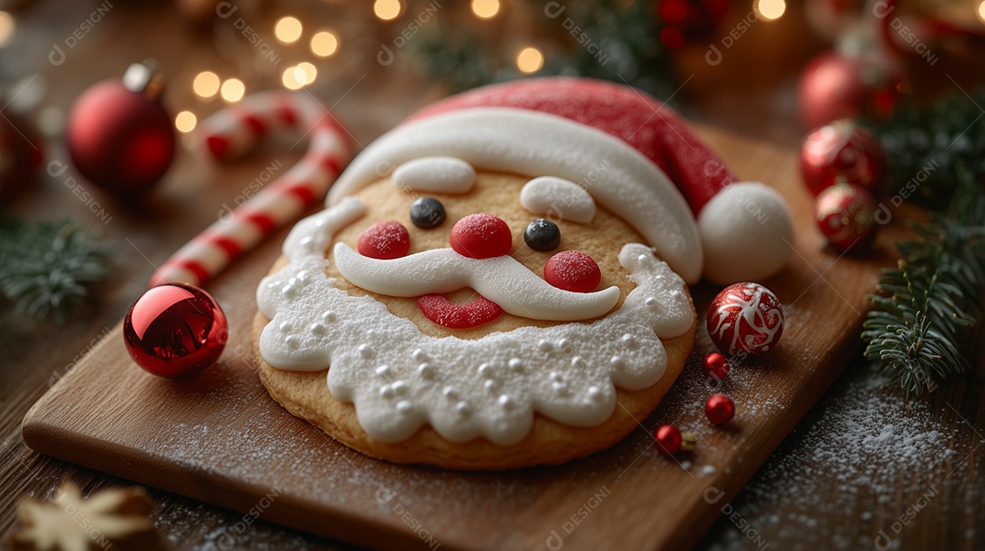 Lindo biscoito em forma de papai noel ao redor de enfeites natalino sobre mesa de madeira