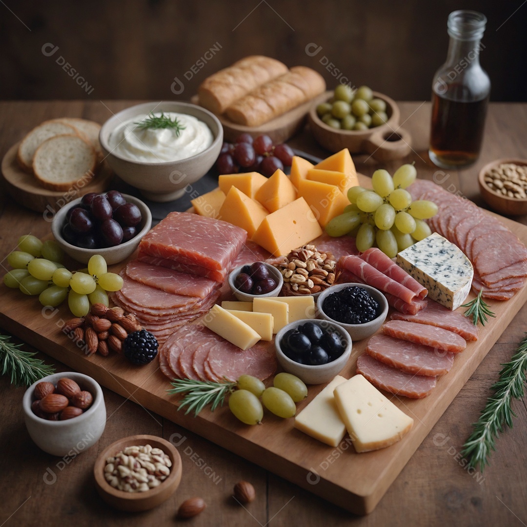 Linda tábua de frios com variedades de frutas e lacteos sobre mesa de madeira isolada
