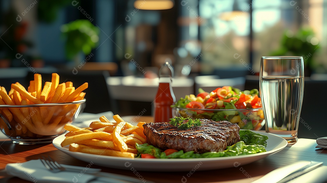 Lindo almoço com filé de carne com acompanhamento de salada e batata frita em prato sobre mesa de madeira