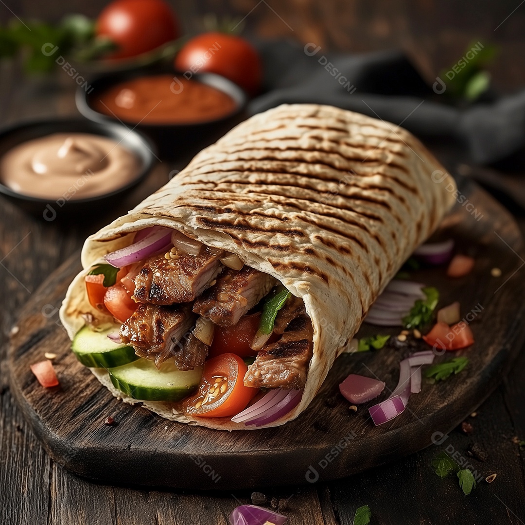 Delícioso taco com carne e vinagrete em tábua sobre mesa fundo isolado