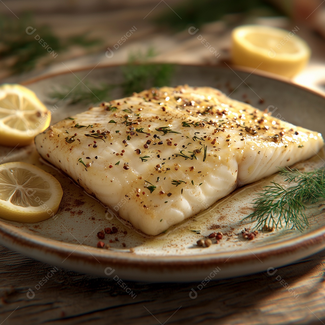 Lindo filé de salmão com raspas de limão em prato sobre mesa de madeira