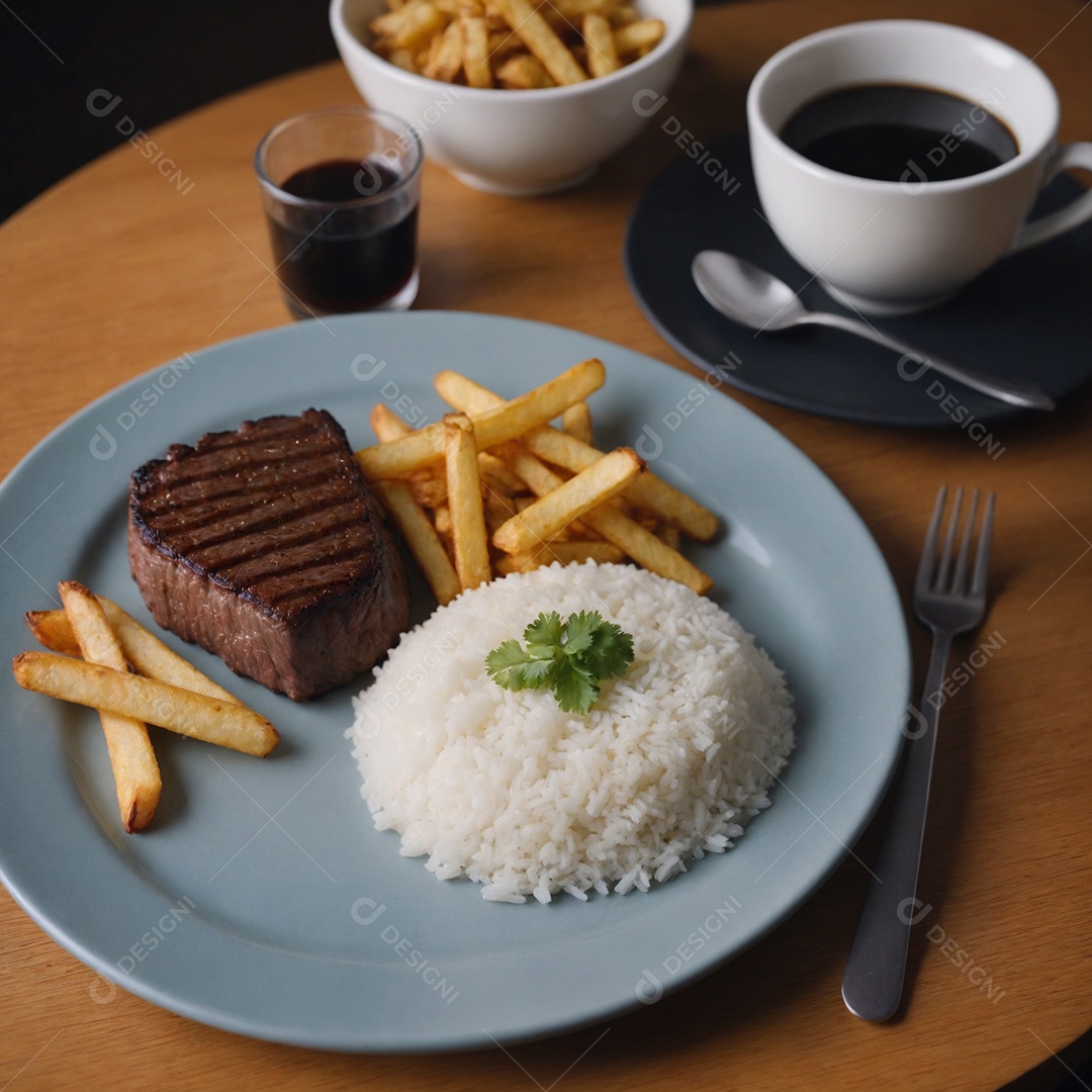 Lindo almoço com filé de carne com acompanhamento de batata frita em prato sobre mesa de madeira