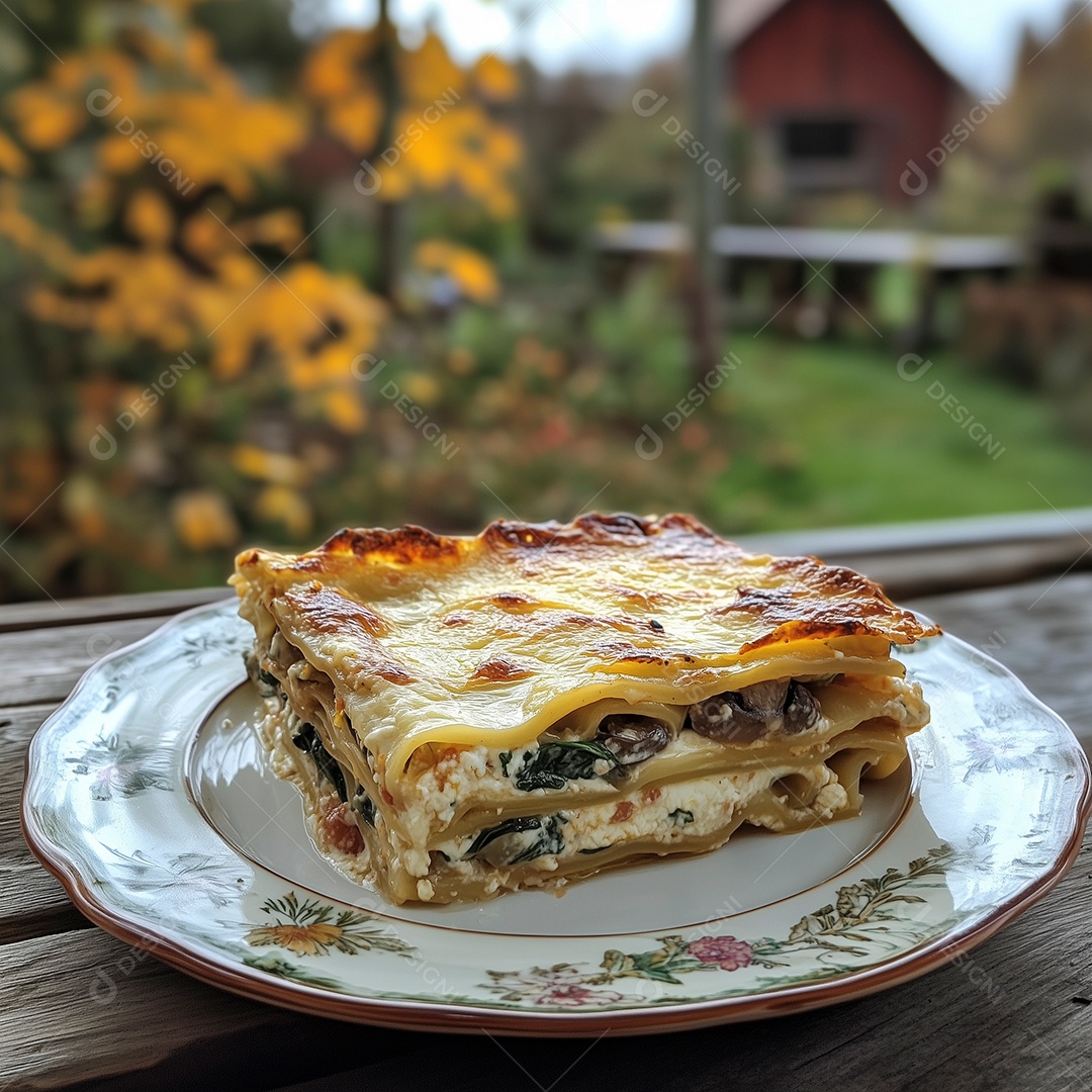 Bela lasanha de queijo coalho com salsa em prato sobre mesa de madeira