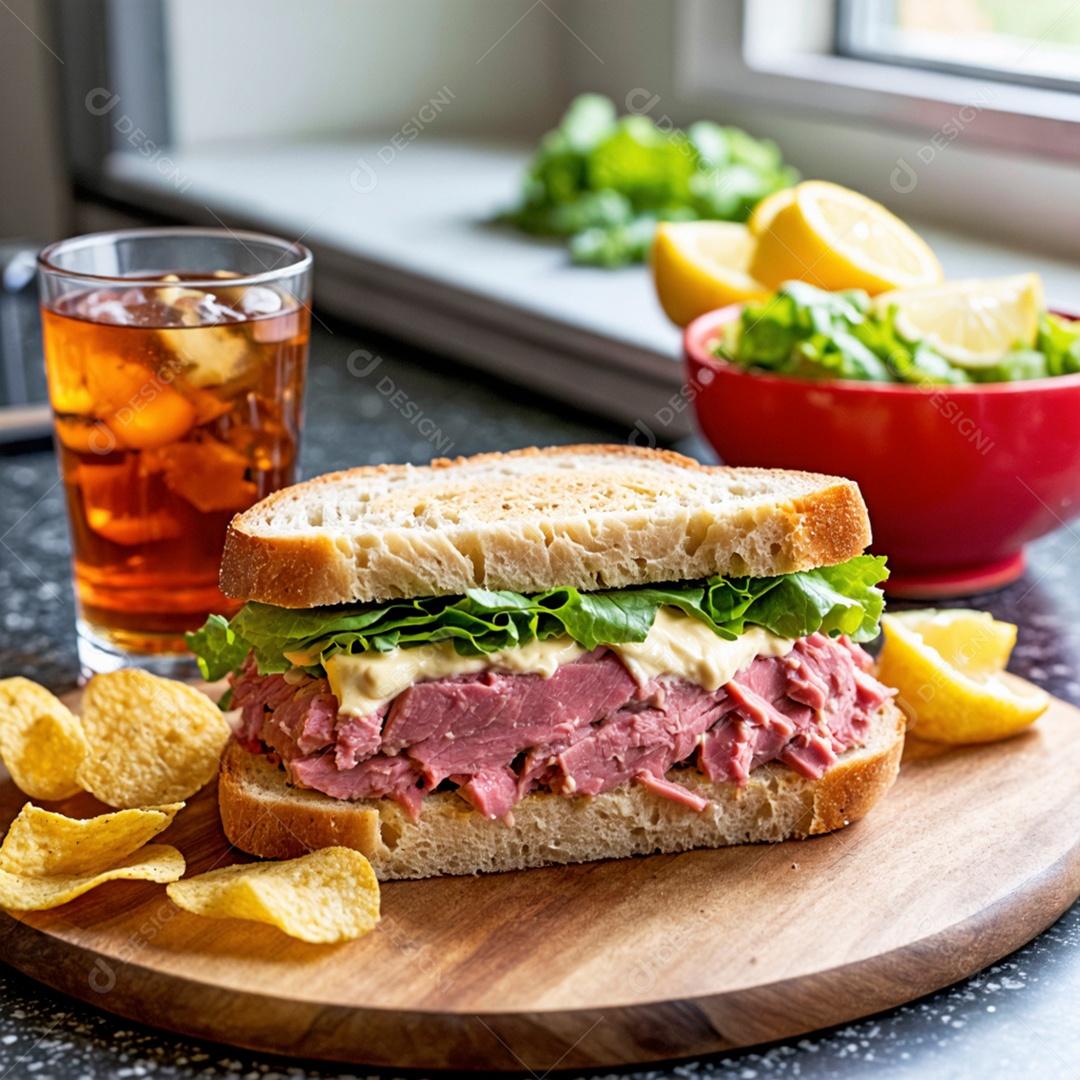 Lindo hamburguer caseiro com acompanhamento batata frita e refrigerante sobre mesa de marmore