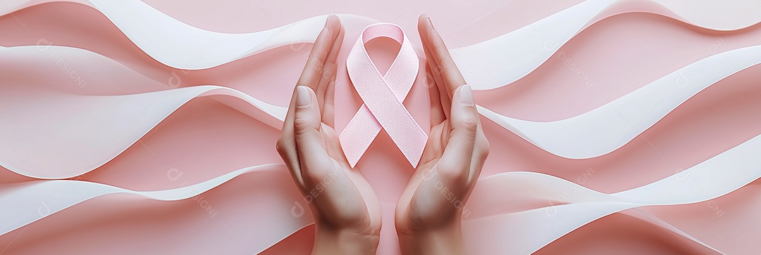 Mão feminina segurando uma fita rosa na vista superior conceito de conscientização do câncer de mama