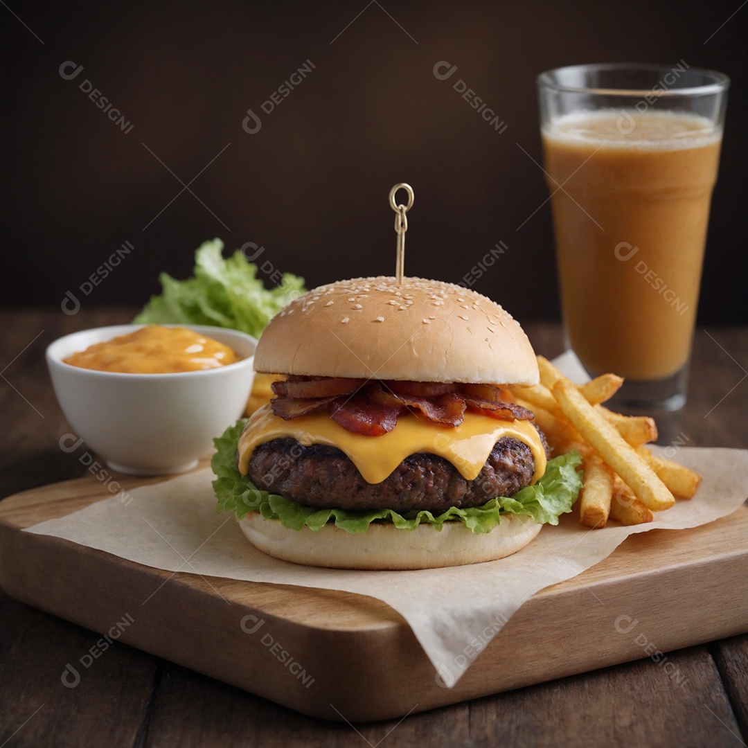 Delícioso hamburguer com batata frita e suco de acompanhamento em tábua de madeira sobre mesa de madeira