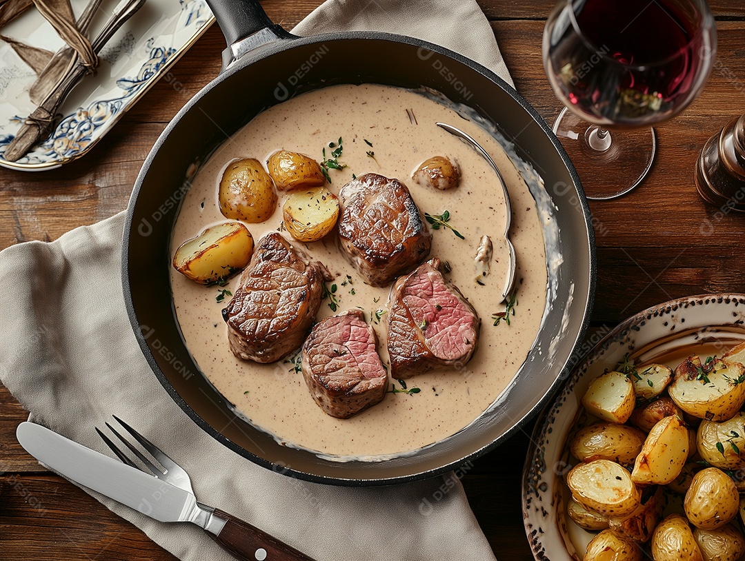 Linda carne ao molho com batata e alecrim em panela sobre mesa de madeira