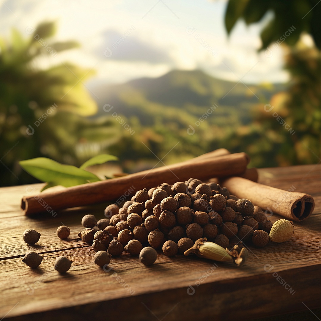 Belos grãos de canela sobre mesa de madeira