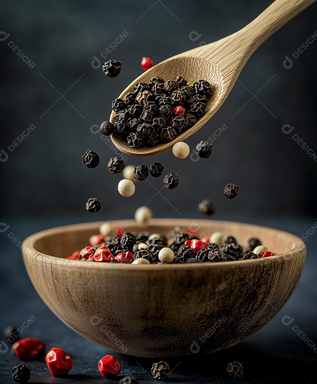 Lindos grãos de pimenta do reino caindo de uma colher para uma tijela sobre fundo isolado